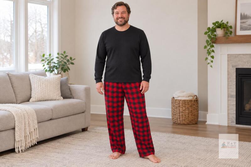 New Size XL Men&rsquo;s 2-Piece Plaid Pajama Set, &ndash;All Black Top & Red plaid bottoms