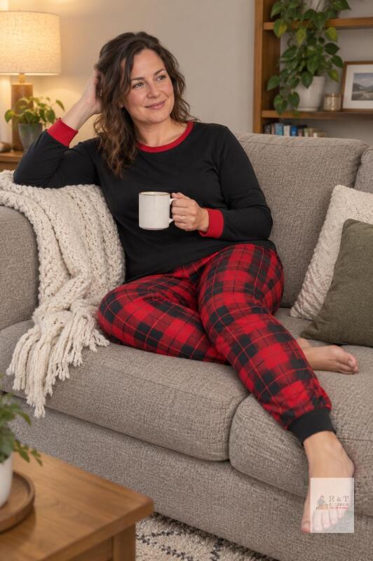 New Size MED Women&rsquo;s 2-Piece Christmas Pajama Set, &ndash; Black & Red Plaid