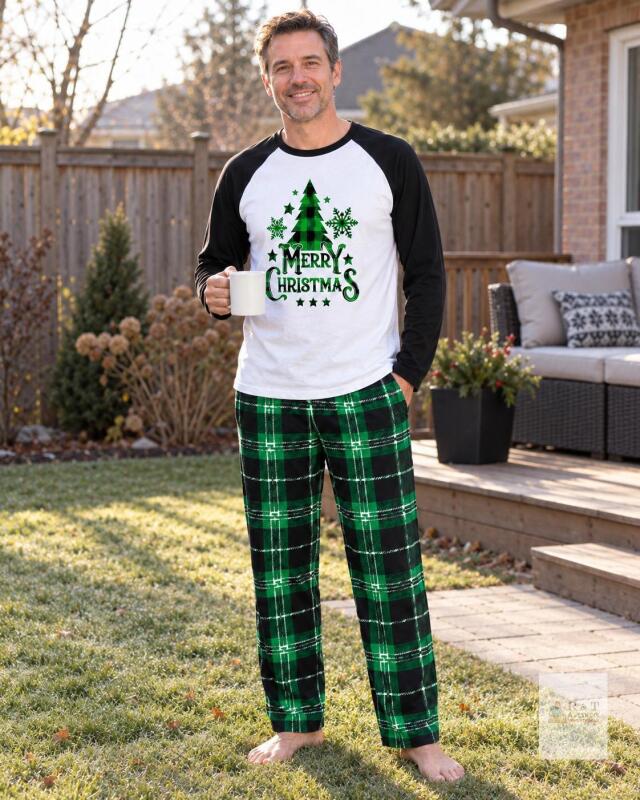 New Size MED Men's Christmas Pajamas Green Plaid with Black Collar