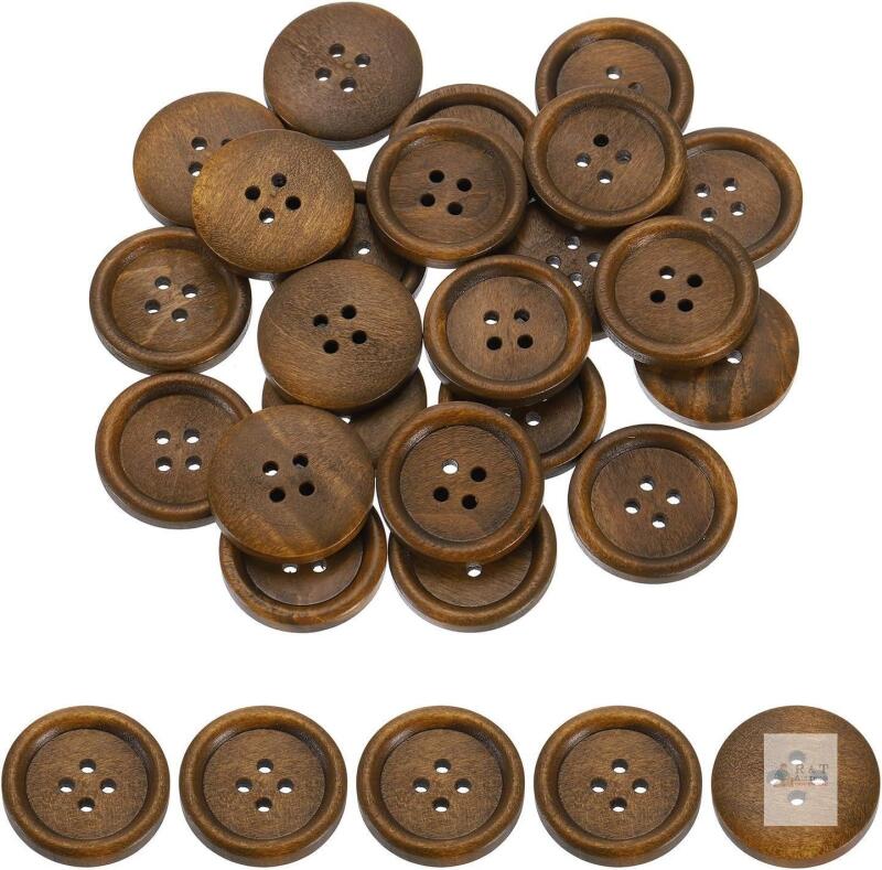 New uxcell 50Pcs Wooden Buttons, 25mm(1") 4 Hole Round Wood Sewing Button Craft Flatback for Sewing DIY Craft Clothing, Brown