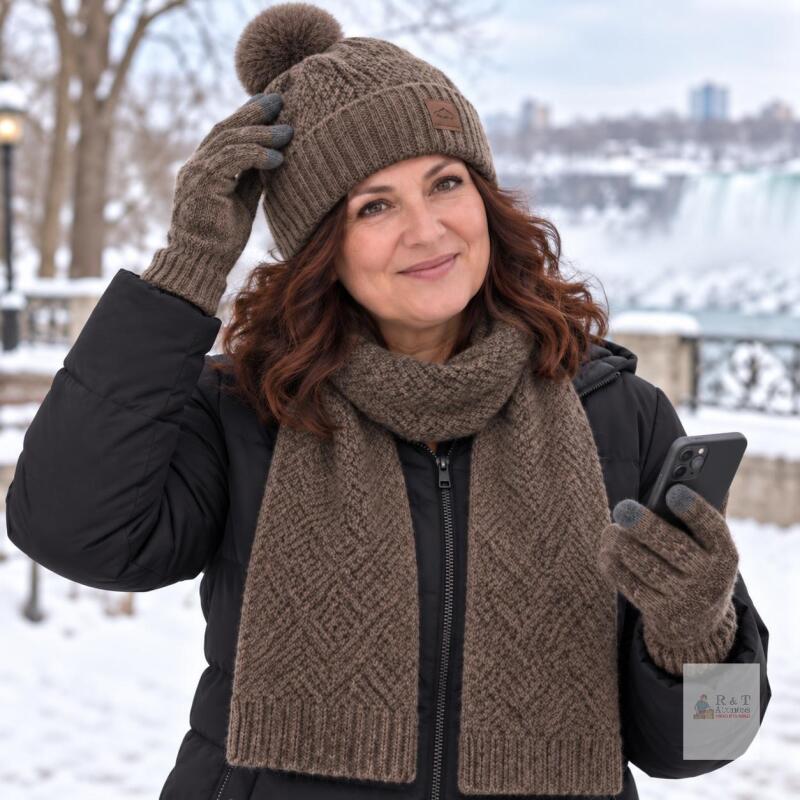 NEW Women&rsquo;s 3-Piece Brown Knit Winter Set &ndash; Pom-Pom Hat, Scarf & Gloves