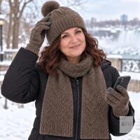NEW Women&rsquo;s 3-Piece Brown Knit Winter Set &ndash; Pom-Pom Hat, Scarf & Gloves