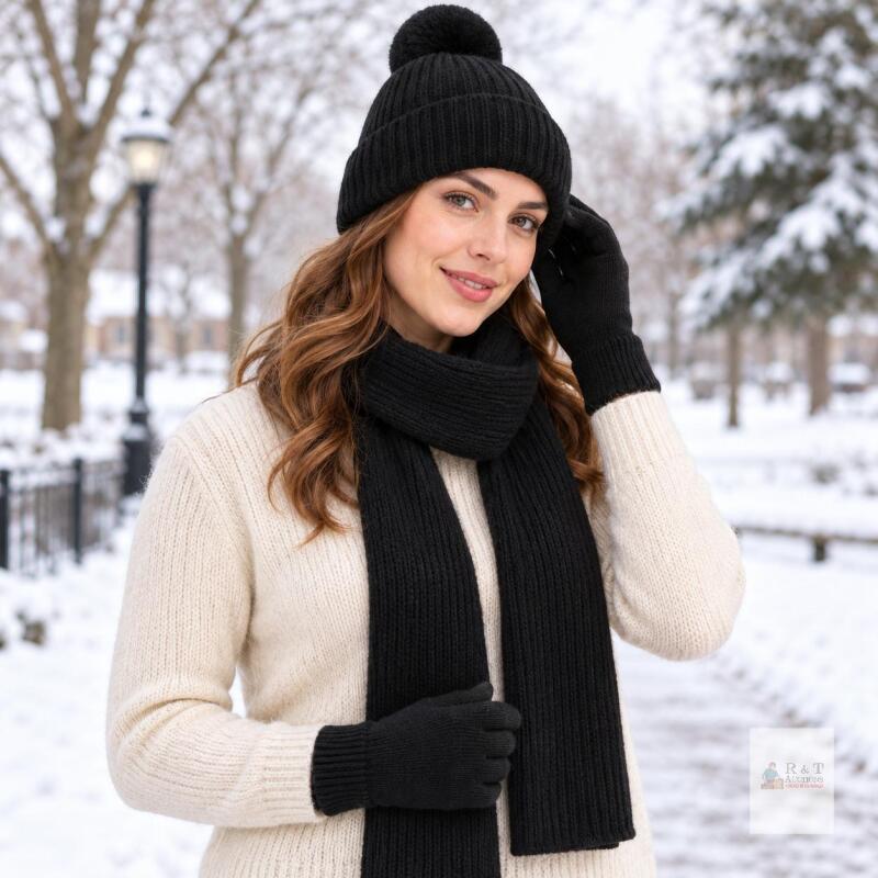 New Amberetech Women Winter Warm Black Beanie Hat+ Long Scarf +Touchscreen Gloves Set Skull Caps Neck Scarves with Fleece Lined