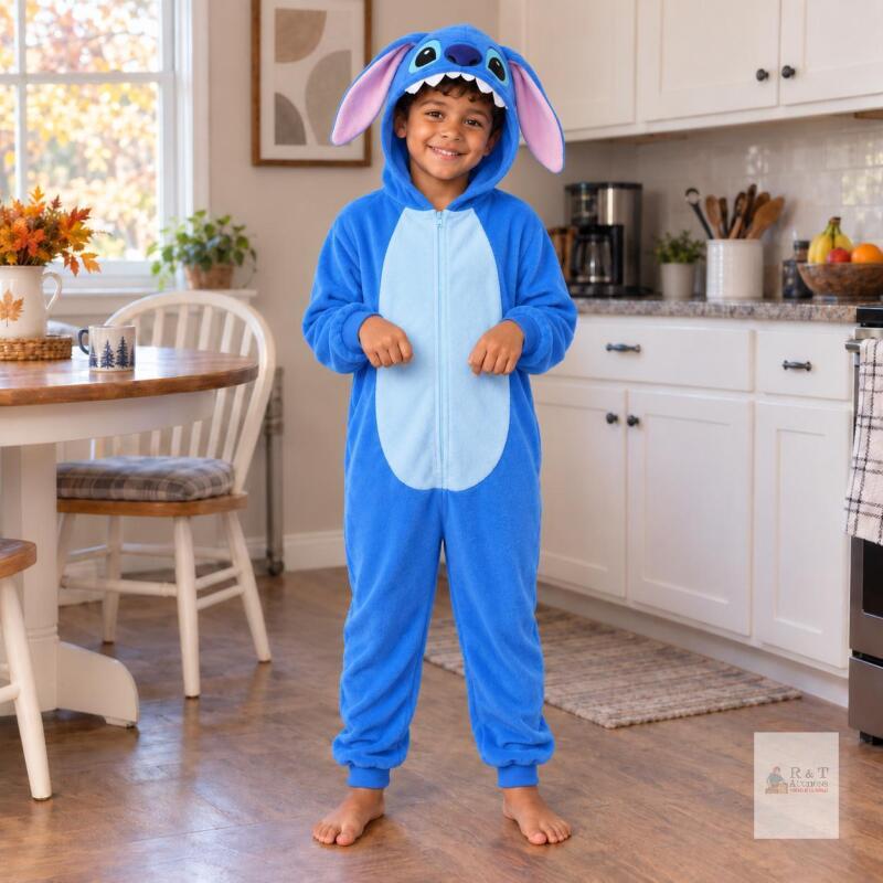 NEW Kids&rsquo; Blue Stitch-Style Character Kigurumi Onesie Pajamas / Costume, Size 120 (Approx. 5&ndash;6 Yrs / 115&ndash;125 cm), Hooded Plush One-Piece with Rear Access Zipper