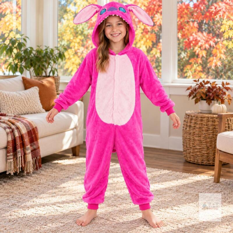 New Size 140 cm (age 9-10) Kids&rsquo; Pink Plush Character Hooded Onesie Costume Pajamas