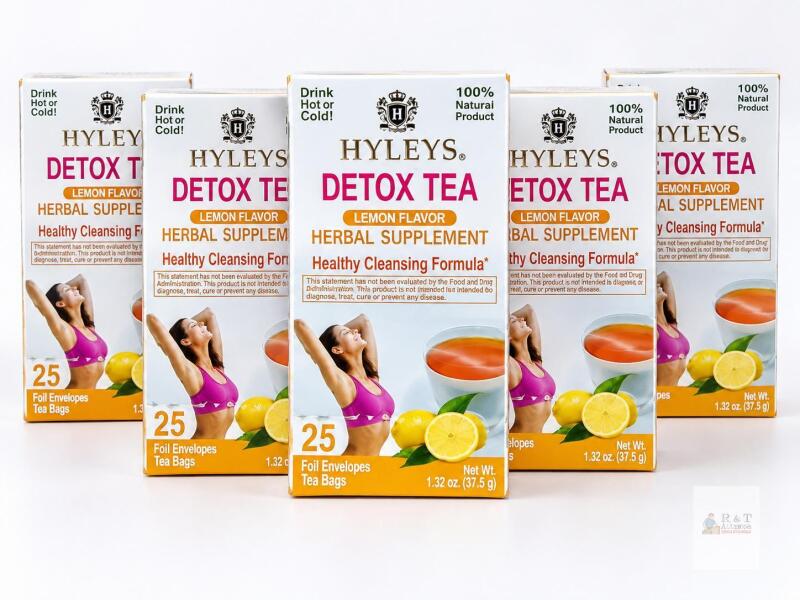 5 Boxes HYLEYS Detox Tea Lemon Flavor Herbal Supplement, 25 Tea Bags Each &ndash; BB Jan 2025