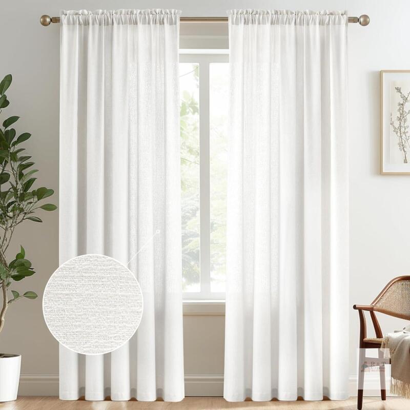 New Melodieux Ivory Semi Sheer Curtains 96 Inches Long for Living Room, Bedroom Faux Linen Texture Farmhouse Rod Pocket Shiny Sheer Curtains Drapes Light Filtering, 52" W x 96" L, 2 Panels