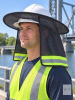 New Full-Brim Hard Hat Sun Shade with Mesh Neck Shield & Hi-Vis Reflective Strip, Black/Green &ndash; Hard Hat Not Included