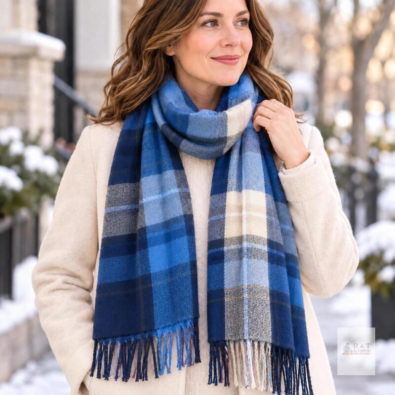 NEW Wander Agio Women&rsquo;s Long Plaid Winter Scarf/Shawl, Blue 5