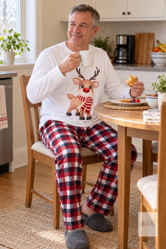 NEW Size MED Men&rsquo;s Reindeer Christmas Pajama Set &ndash; (White top)