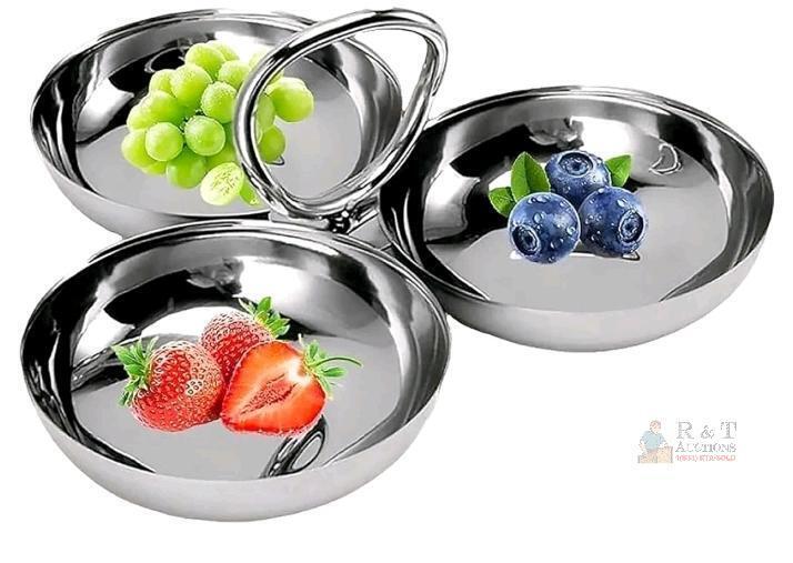 NEW Stainless Steel 3-Compartment Serving Tray, 7.9" Diameter, O Handle, ACJRYO, Mirror Finish