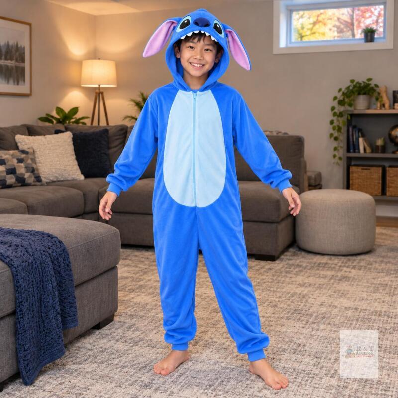 NEW Kids&rsquo; Blue Stitch-Style Character Kigurumi Onesie Pajamas / Costume, Size 140 (Approx. 9-10 Yrs / 115&ndash;125 cm), Hooded Plush One-Piece with Rear Access Zipper
