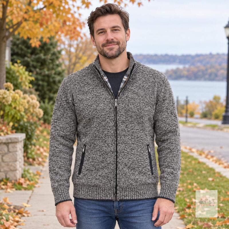 new ENWEIGE Men&rsquo;s Medium Knit Zip Cardigan Sweater, Heather Gray, Plaid Fleece Lining, New w/ Tags