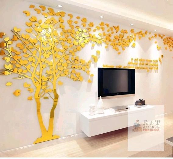 3D Gold Tree Wall Sticker, M Size (98x51 in), Left Design, Inspirational Quote, Self-Adhesive