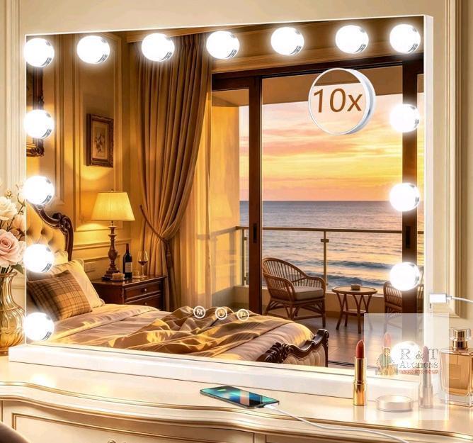 NEW Hollywood Lighted Vanity Mirror, 23"x18", 15 LED Bulbs, 3 Color Modes, 10x Magnifier, Touch Controls