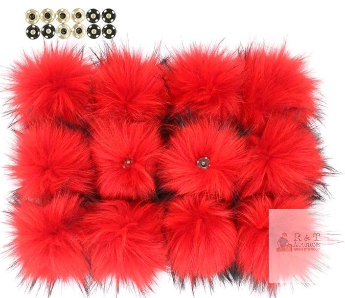 Red Faux Fur Pom Pom Set, 3.5 Inch, Snap Fastener, 12 Pack, Detachable, for Craft, Accessory Use
