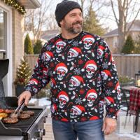 Large Christmas Skull Santa Crewneck Sweatshirt, Black, Novelty All-Over Print, Unisex Pullover