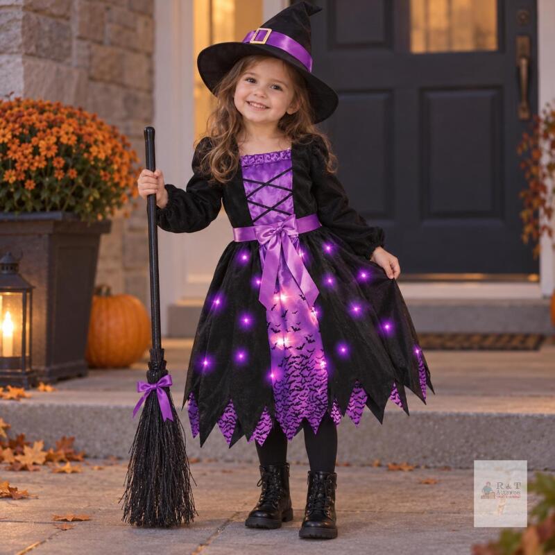 Poshetion Light Up Girls Witch Costume, 3T, Includes Hat, Dress, and Broom