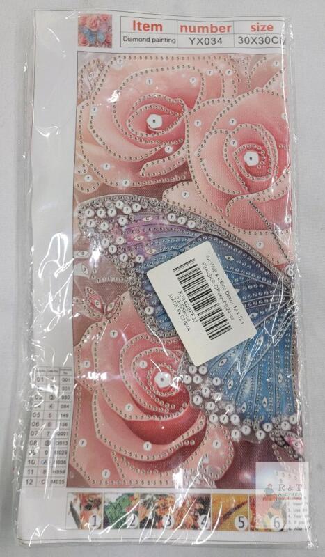 Diamond Painting Kit YX034 - Butterfly and Roses Design, 30x30 cm, Full Drill Square Canvas