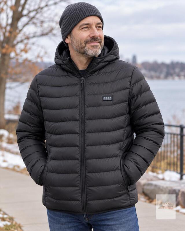 New Men&rsquo;s XL Black "Heated" Puffer Jacket with Hood, charger not icluded
