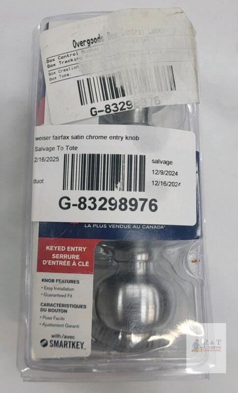 Weiser Fairfax Satin Chrome Entry Door Knob, Keyed, SmartKey, Model 9GAC5310-067, Made in Mexico