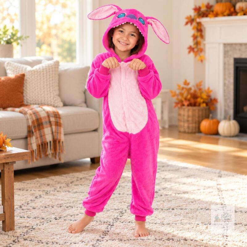 New Size 140 cm Kids&rsquo; Pink Plush Character Hooded Onesie Costume Pajamas