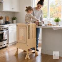 Guidecraft Kitchen Helper Folding Montessori Tower, Natural, Adjustable Height, 125 lb Capacity