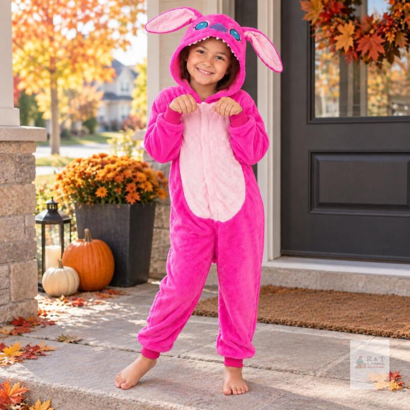 New Size 120 cm (age 6-7) Kids&rsquo; Pink Plush Character Hooded Onesie Costume Pajamas