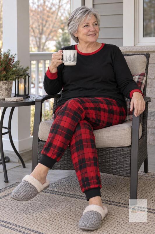 New Size LARGE Women&rsquo;s 2-Piece Christmas Pajama Set, &ndash; Black & Red Plaid