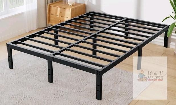 Queen Metal Platform Bed Frame, 16" High, Steel Slats, 9-Leg Support, 80"x60" Dimensions