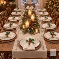 Set of 12 Artificial Holly Christmas Napkin Rings, Green Leaves with Red Berries, 2" Diameter