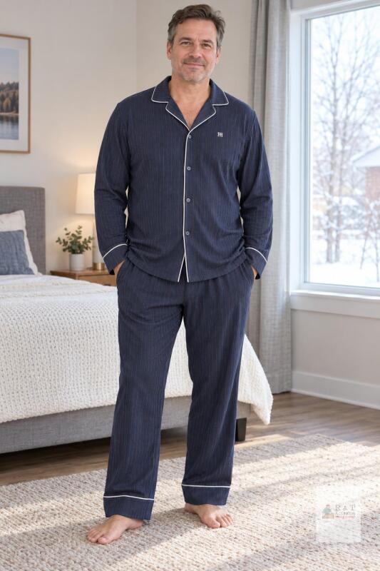 NEW Tommy Hilfiger Men's Pajama Set Navy Pinstripe L/XL 60% Cotton Button Top Logo Sleepwear