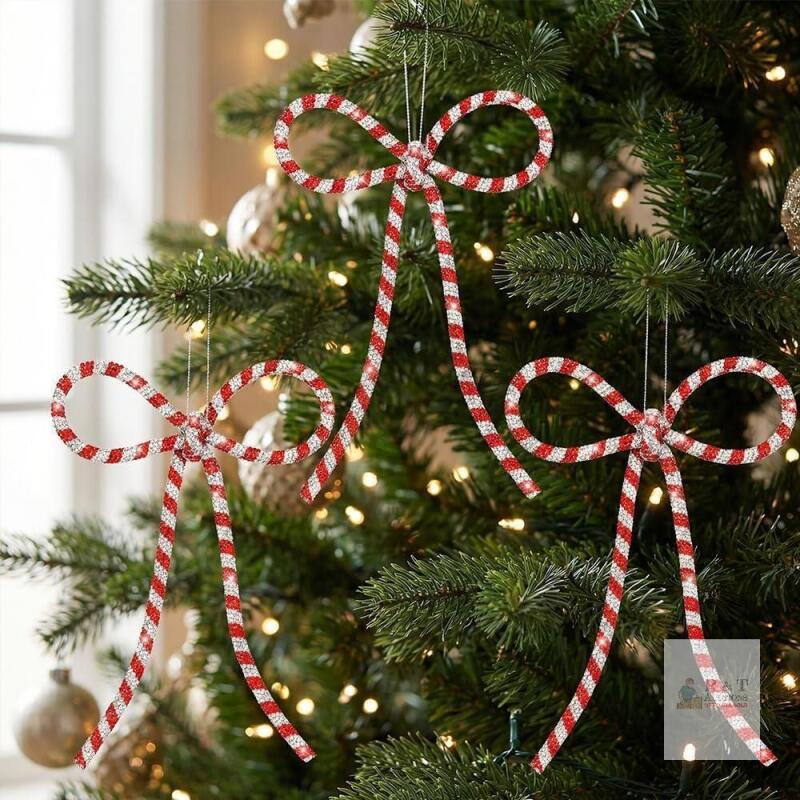 New 3 Pcs Handmade Rhinestone Christmas Bow Ornaments with Hanging Rope, Glitter Decorative Bows for Christmas Tree, Wreath & Garland, Reusable Holiday..