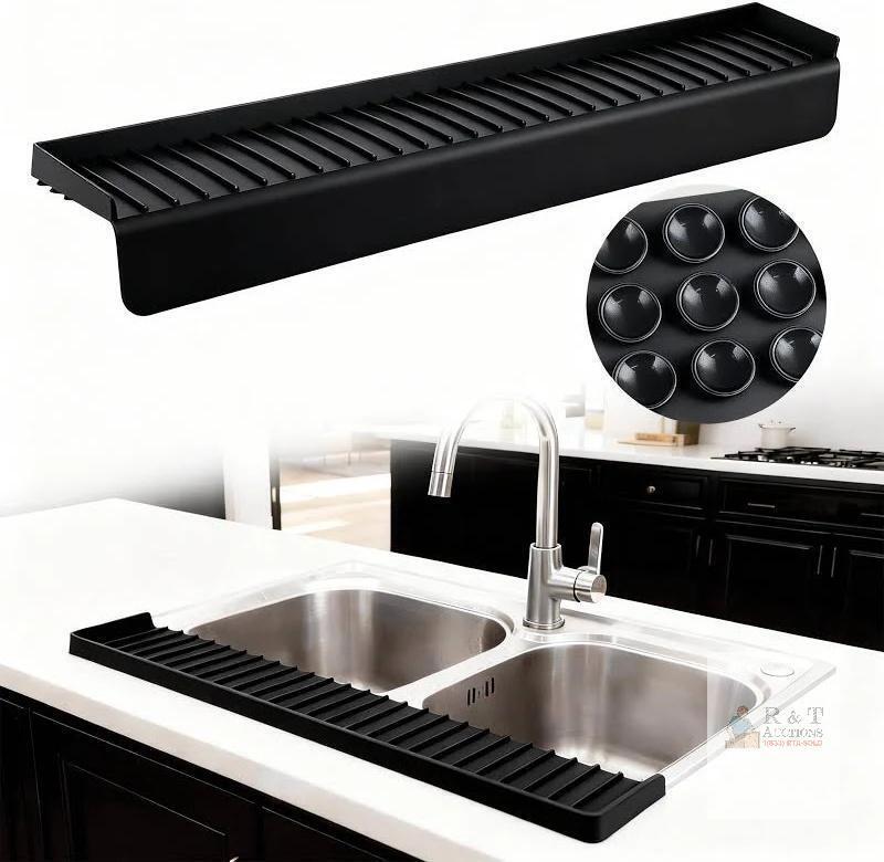 New Silicone Sink Edge Protector (Black),Granite Sink Edge Protector,20x4 Inch with Suction Cups & 5&deg;Tilt, Cuttable Splash Guard for Kitchen Bathroom Countertops, Granite Quartz Surfaces