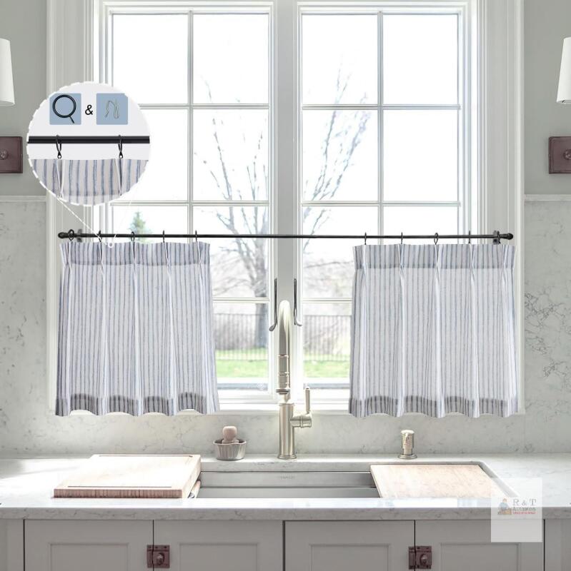 New Retail $52.69 LIMON HOME Blue Linen Kitchen Curtains 20" Drop Pinch Pleat Cafe Curtains