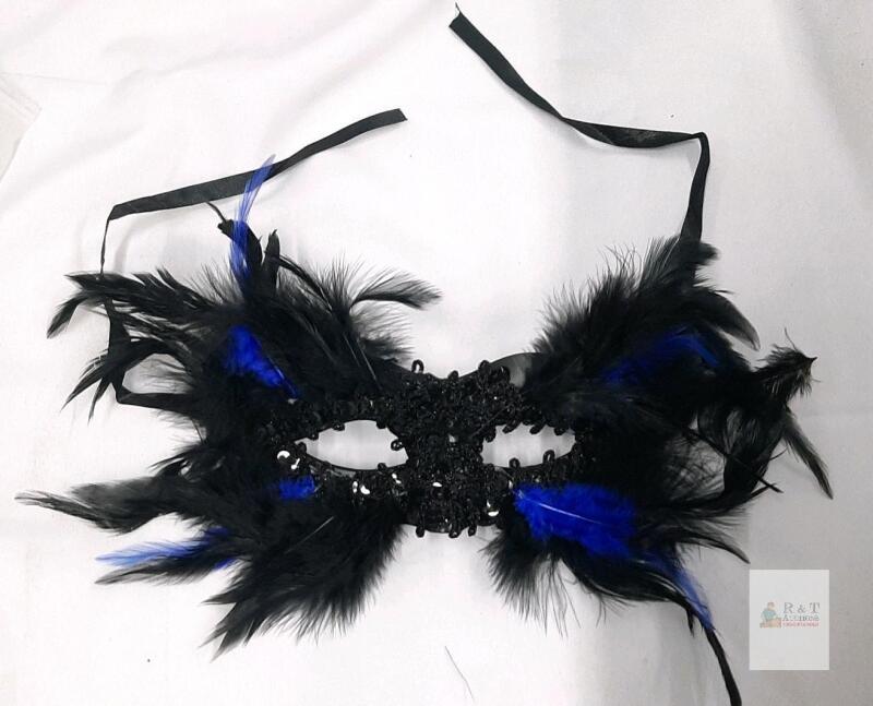 JEGERMIG Blue Feather Masquerade Mask for Women, Lace, Ribbon Tie, Model US6-diy, New