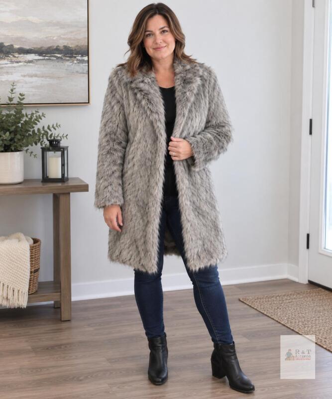 AIXIRUI Faux Fur Overcoat, Gray, Size L, 34.5" Length, Hook & Eye Closure