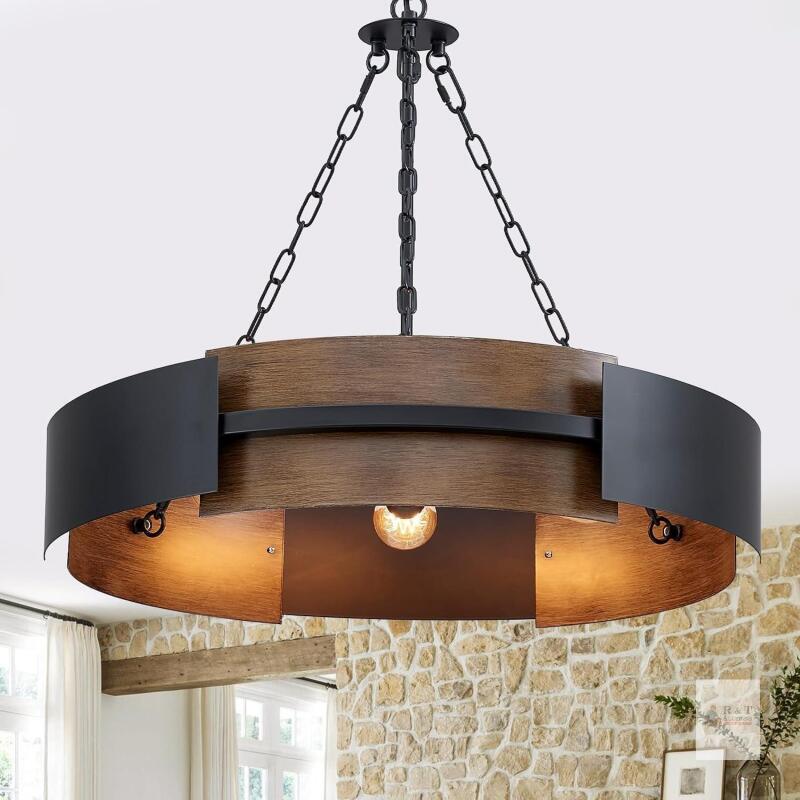 New (open box) Majhoiw Modern Farmhouse Chandelier 26" Industrial Drum Pendant Lighting Fixture Large 5-Light Black Walnut Grain Finish for Dining Room Kitchen Island