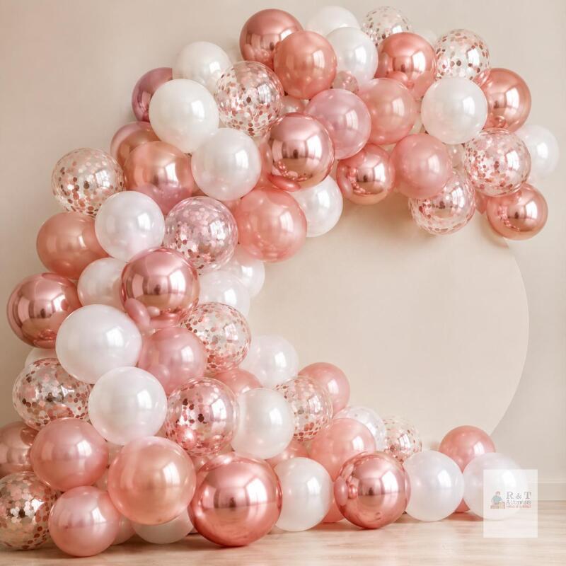 NEW 50-Piece 12" Rose Gold Balloon Party Set, White, Metallic & Confetti Mix