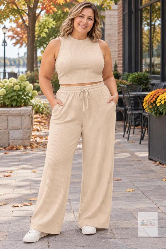 NEW BTFBM Women&rsquo;s Ribbed Knit 2-Piece Lounge Set, Beige, XXL &ndash; Sleeveless Crop Top & Wide-Leg Drawstring Pants