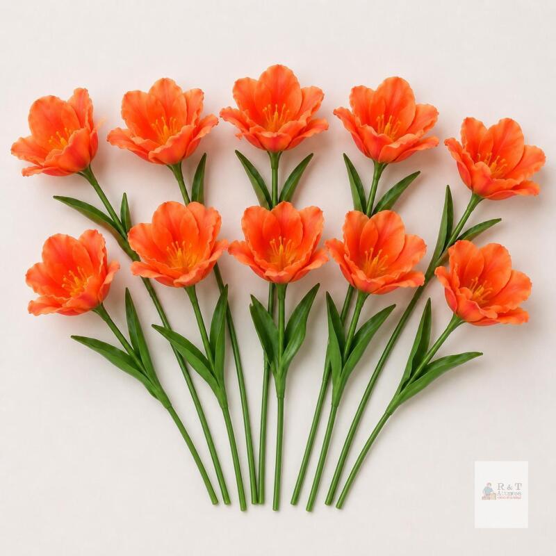 New 10-Piece Artificial Blooming Tulip Flowers in Orange