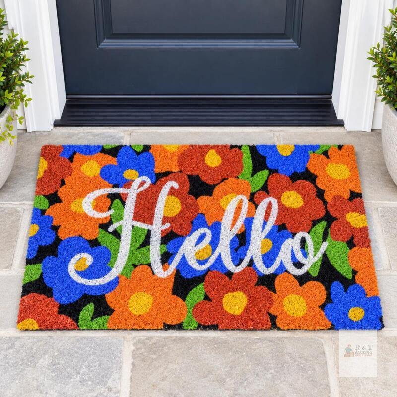 Door Mat 30x17 Inch, Floral Coir Doormat for Covered Outside Entrance, Flowers Welcome Rug Outdoor, Hello Welcome Mat