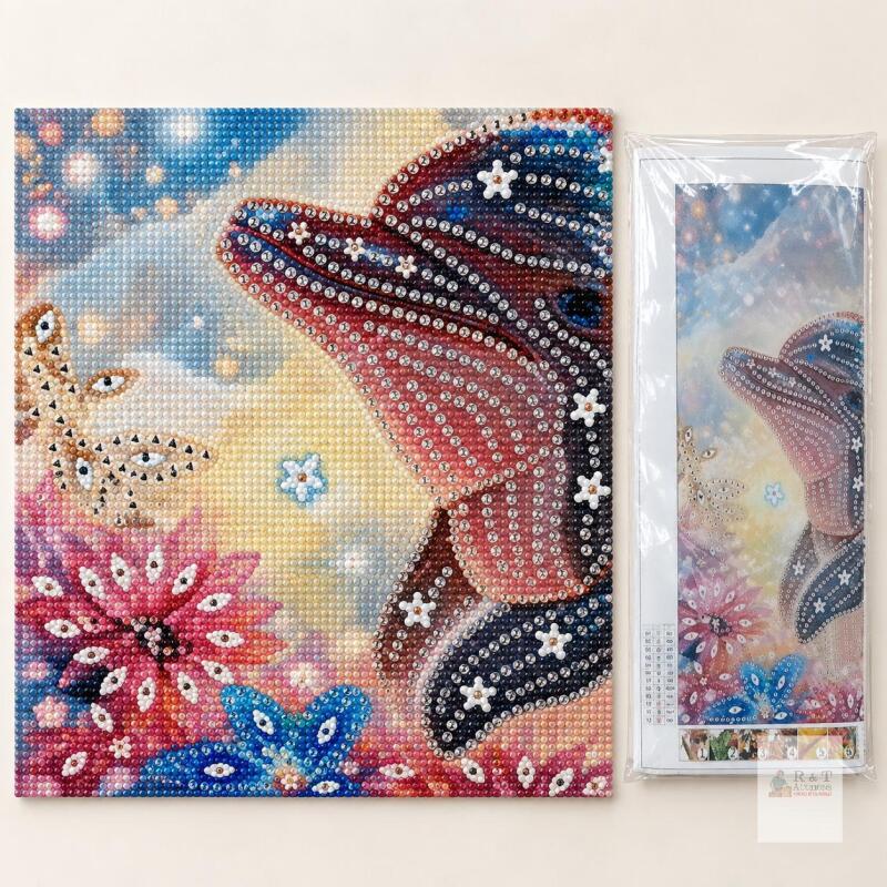 New NEW Dolphin & Butterflies Diamond Painting Kit, 12" x 12", Partial Drill, 12 Colours, YX024, Sealed