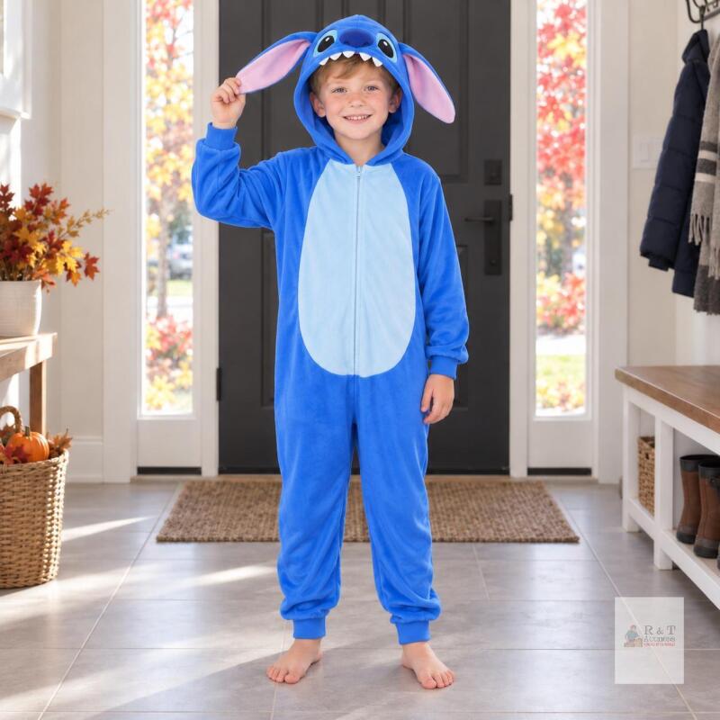 NEW Kids&rsquo; Blue Stitch-Style Character Kigurumi Onesie Pajamas / Costume, Size 130 (Approx. 7-8Yrs / 115&ndash;125 cm), Hooded Plush One-Piece with Rear Access Zipper