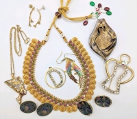 Great Gold Tone & Cloisonne Jewelry with Murano-style Glass Pendant.