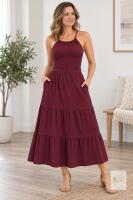 New Size Large Women's 2025 Summer Beach Vacation Dress Halter Backless Tiered Layered Flowy Long Dress 25007