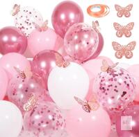 New Pink Balloons and Butterfly Stickers, 30 PCS 12 Inch Confetti Balloons, White and Metallic Pink Balloons with 6 PCS Rose Gold Butterfly Stickers for...