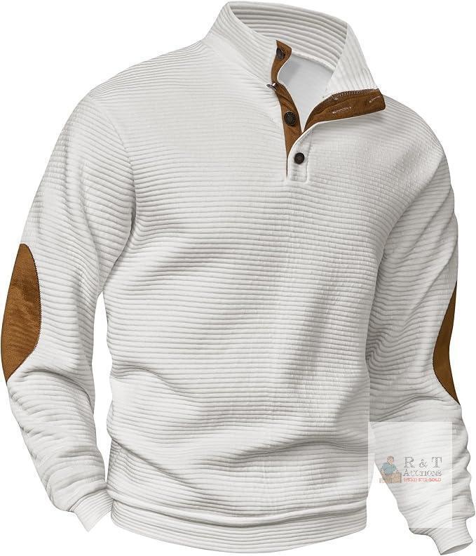 New SIZE XXL VOGSTART Men's Horizontal Stripe Sweatshirt Patchwork Outwear Fleece Lined Vintage Stand Collar Pullover White