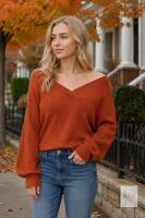 New Size SM Feiersi Women's V-Neck Long Sleeve Pullover Long Sleeve Off Shoulder Sweater Knit