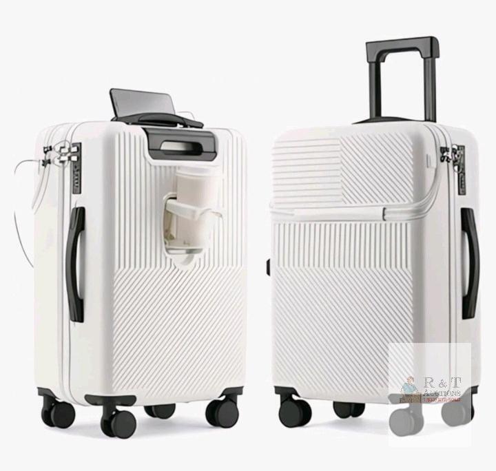 NEW White Polycarbonate Carry-On Suitcase, 360&deg; Spinner Wheels, USB Port, Cup Holder